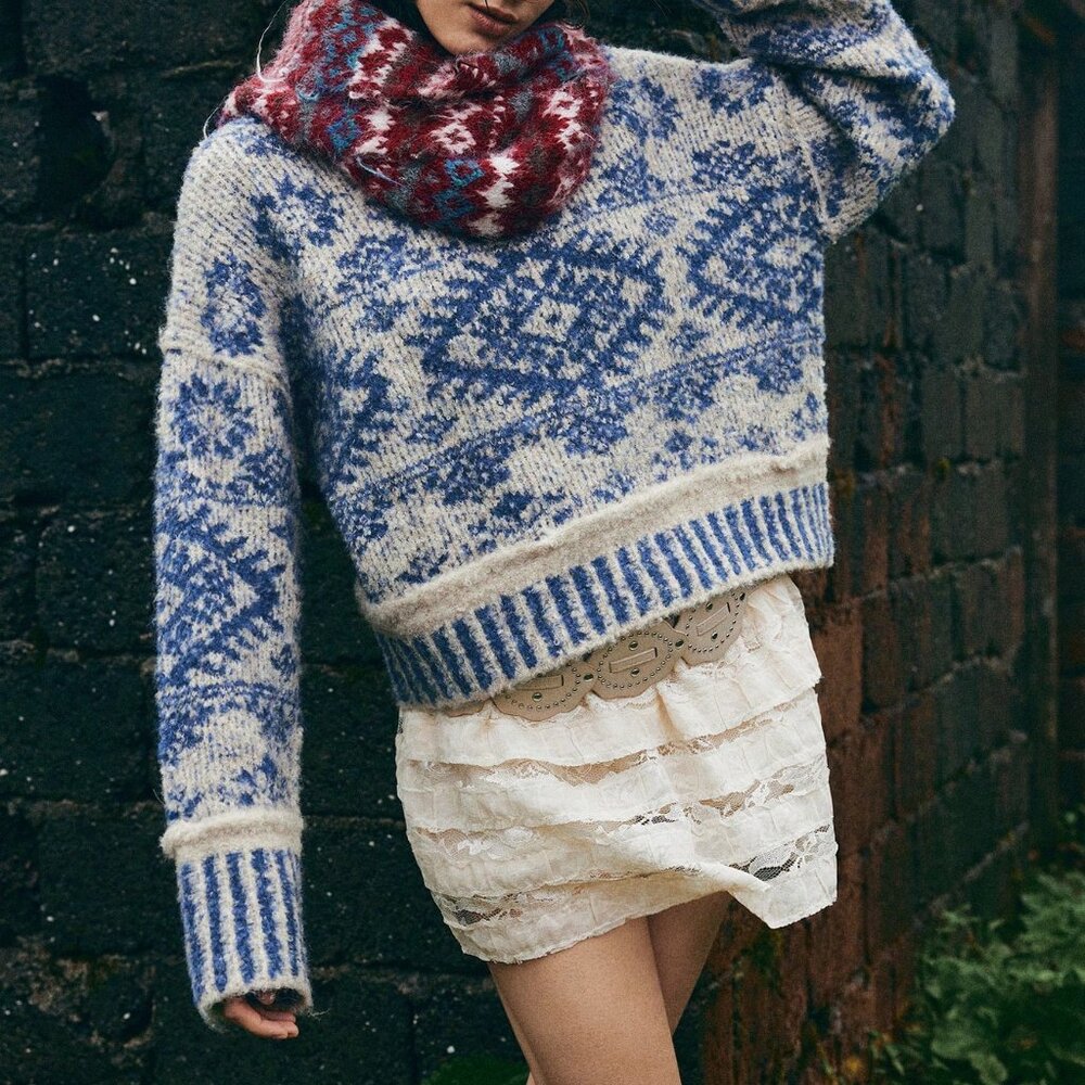 Blue And White Boho Women's Fuzzy Sweater - Picture 1 of 9